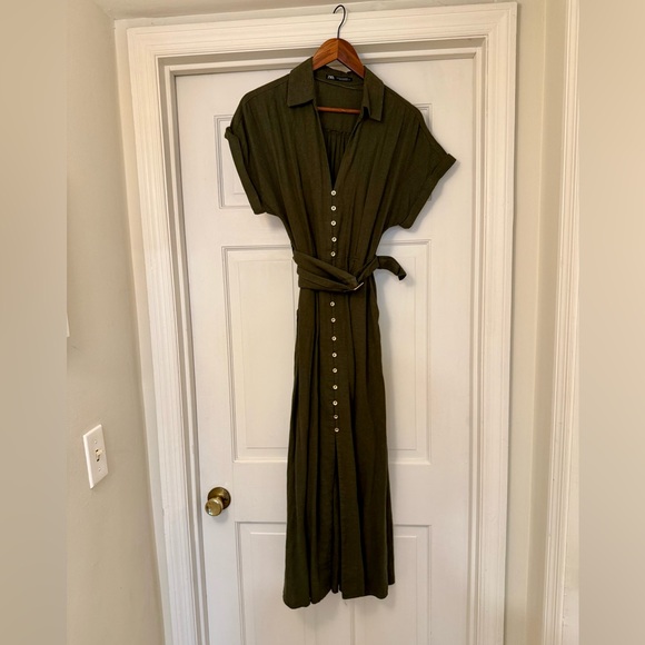 Zara Dresses & Skirts - ZARA  Olive Green Midi Shirt Dress with Button Front and Tie Belt Size XS